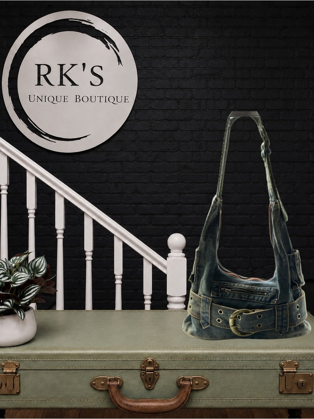 Denim Belt-Accent Shoulder Bag